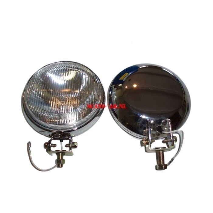 Volvo Verstralers in het chroom / 15.5 cm / 6 inch diameter / set a 2 stuks met H3 lamp en parkeerlamp Volvo onderdeel nr 108V