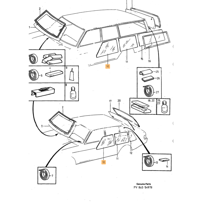 Volvo Portier ruit 144 145 164 1973+ 244 245 links voor getint gebruikt leverbaar Volvo onderdeel nr 1213058