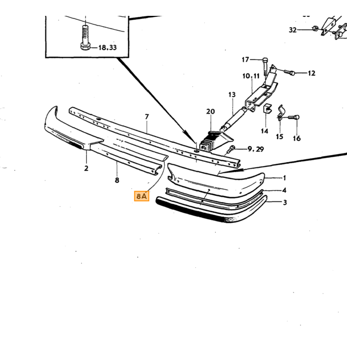 Volvo Bumper P1800ES middenvoor RVS USA+Canada chassinr 3070+ Volvo onderdeel nr 1213301