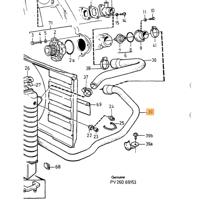 Volvo Radiateurslang 740 diesel D24+D24T onder 45mm niet meer leverbaar Volvo onderdeel nr 1257992