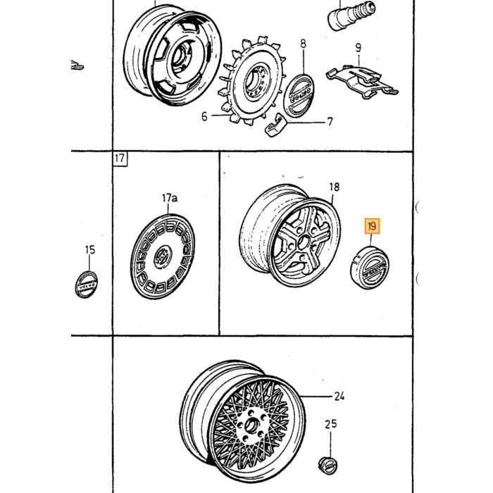 Volvo Naafdop 240+245 turbo velg 62mm diam (Virgo velg1128867) per stuk Volvo onderdeel nr 1272604