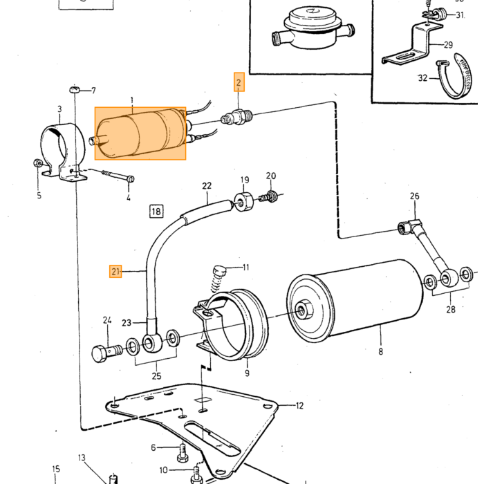 Volvo Nippel voor benzinepomp met klep 240/P1800 non return valve Volvo onderdeel nr 1326899