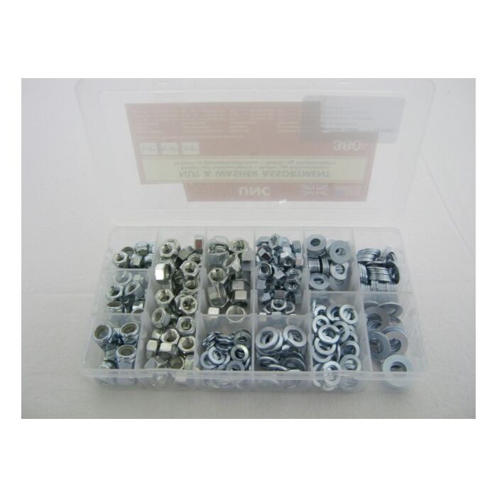 Moeren assortiment UNC revetten & veerringen 1/4+5/16+3/8 380 stuks 