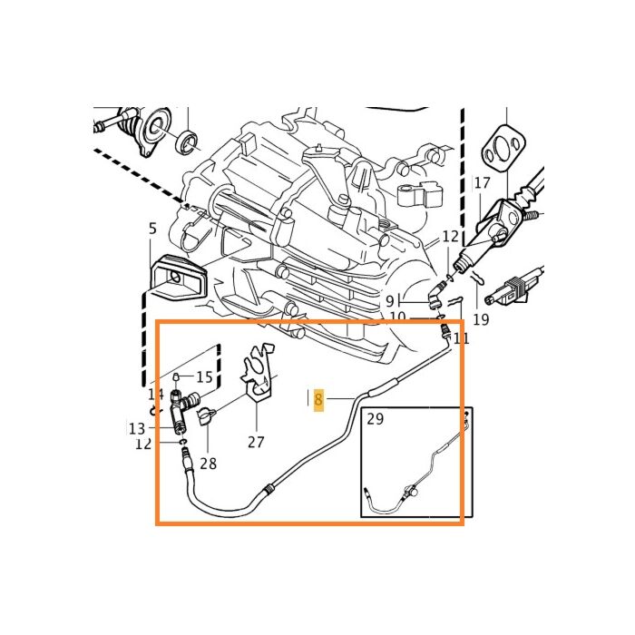 Koppelingsleiding op Hoofdkoppelingcilinder 5-CYL benzine M56 Volvo  S60 (-2009)  S80 (-2006)  V70 P26 (2001-2007) metalen leiding met flexibel eindstuk