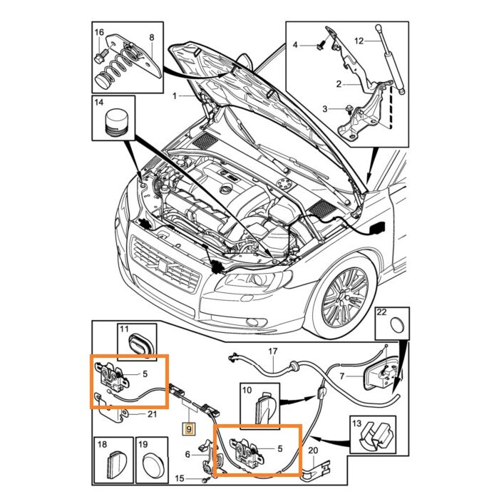 Volvo Motorkapslot Rechts voor volvo met Alarm Volvo S80 - V70 - XC70  Volvo onderdeel nr 31356007