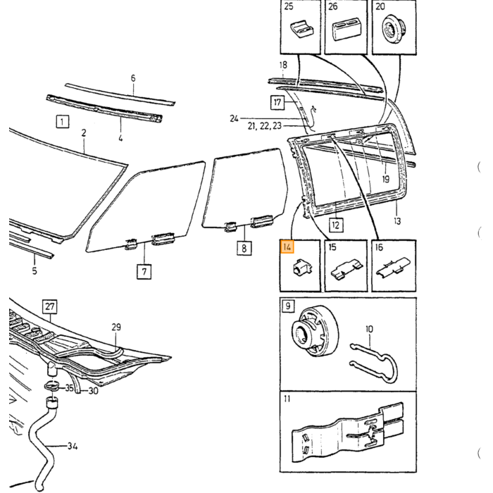Volvo PLASTIC nok zijruit achter links en rechts 850 v70 xc70 Volvo onderdeel nr 3512602