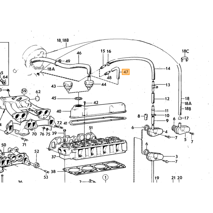 Volvo Slang carterventilatie Amazon+1800+140+164 olie  vuldop naar spruitstuk +luchtthermostaat P1800 B18 B20 Volvo onderdeel nr 460003