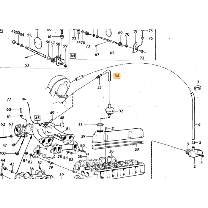 Volvo Slang carterventilatie Amazon+1800+140+164 olie  vuldop naar spruitstuk +luchtthermostaat P1800 B18 B20 Volvo onderdeel nr 460003
