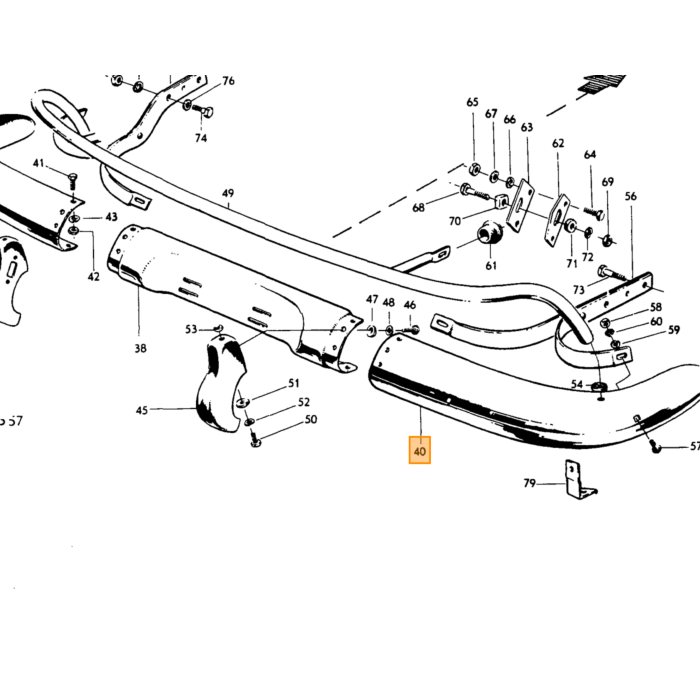 Volvo Bumper PV444+PV544 1954+ rechts achter chroom Volvo onderdeel nr 651838