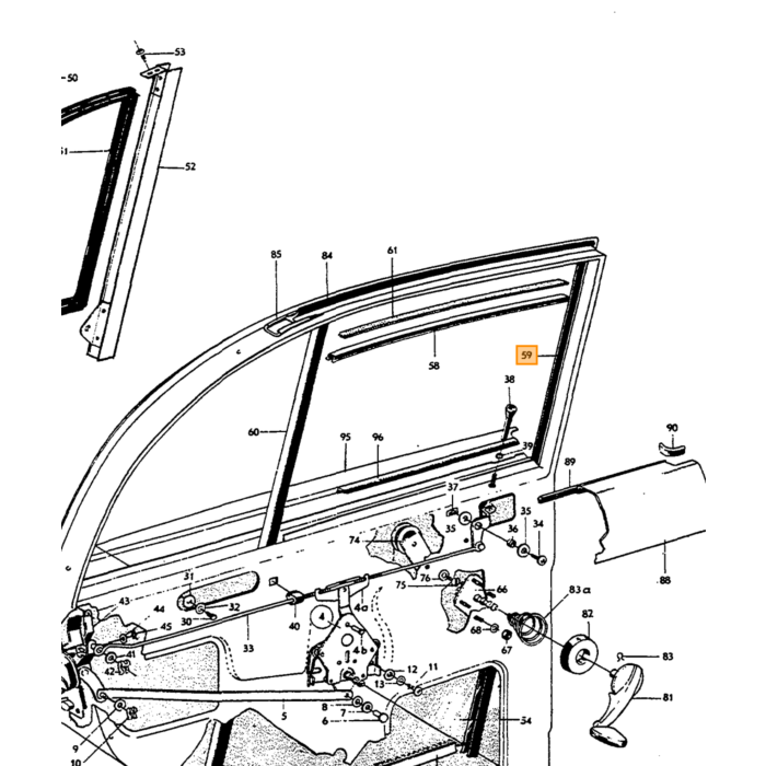 Volvo Raamloop Amazon 4 deurs + kombi achterdeur voorzijde met chroomlijst (70cm) Volvo onderdeel nr 653896