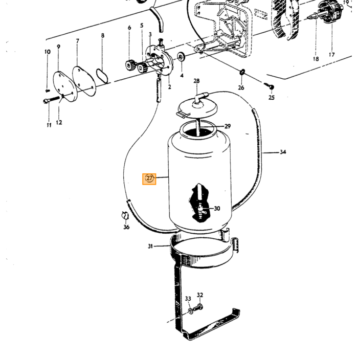 Volvo Ruitensproeier reservoir rond PV444+PV544+Duett+Amazon+P1800 -1966 zonder dop Volvo onderdeel nr 666977