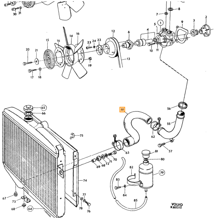 Volvo Radiateur slang 164 onderste tot chassisnummer -32399 Volvo onderdeel nr 679082