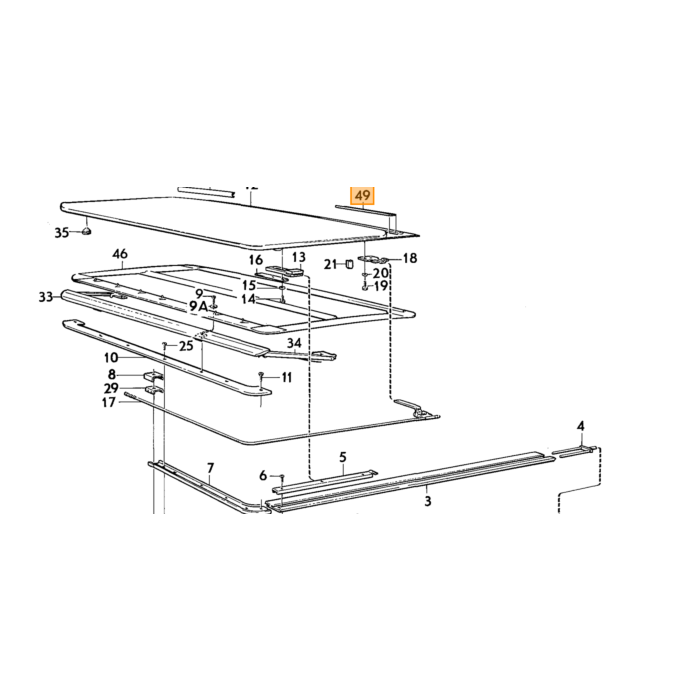 Volvo Rubber schuifdak 140+164+240+260 achter op dakplaat (92 cm lang) 1255334 3540456 Volvo onderdeel nr 681089