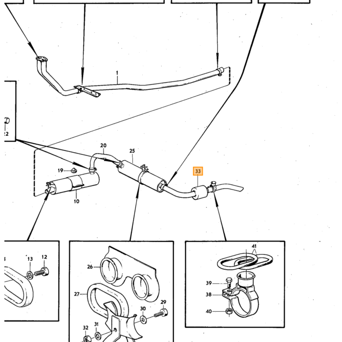 Volvo Uitlaat 140 144 145 injectie B20E +164  B30A carburateur achterste pijp+pot (895-60) B30E-ch 102.949 67115 Volvo onderdeel nr 684593
