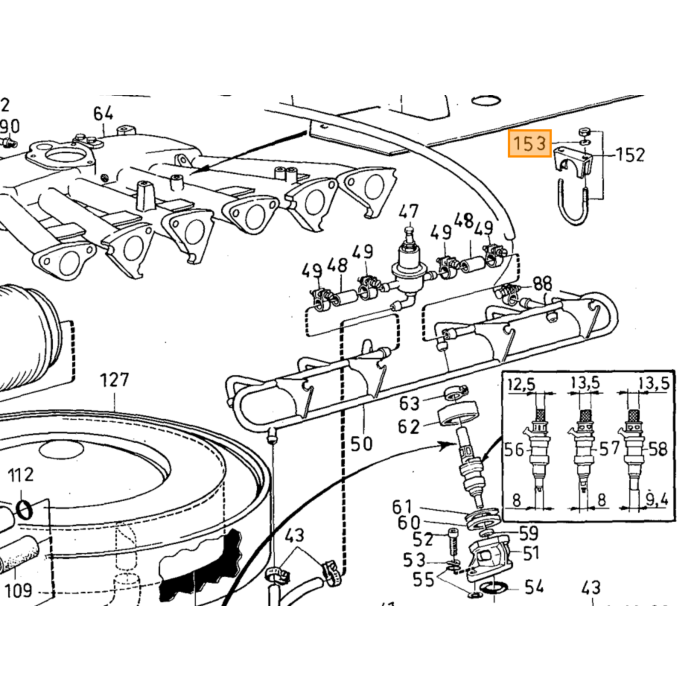 Volvo Revet spruitstuk B4B+B16 +B18+B20 ea UNC 5/16+M8 ea Volvo onderdeel nr 955894
