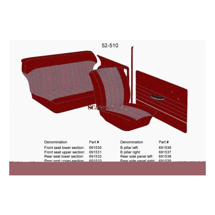 Bekleding PV544 zijpaneel bekleding links achter rood 52-510 1965-1966 set incl 691539 