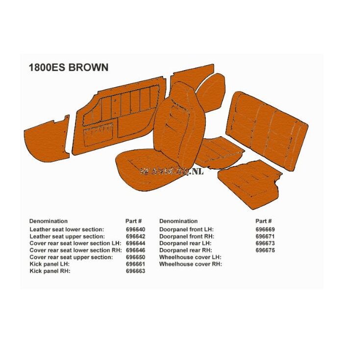 Bekleding P1800E+ES achterbankhoes links bruin 456-884 set incl 696646 en 696650