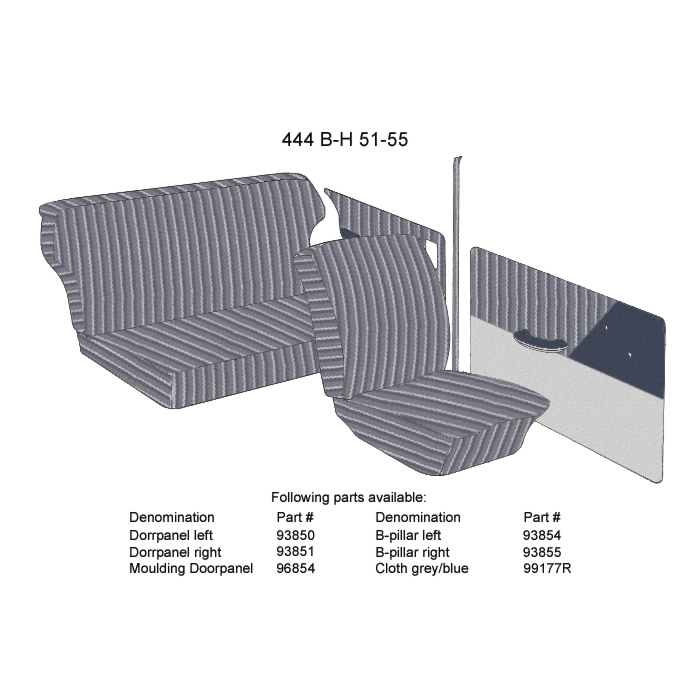 Bekleding PV444 achterbank zitting+rug incl 95281 blauw/grijs 1951-1955 type B-H