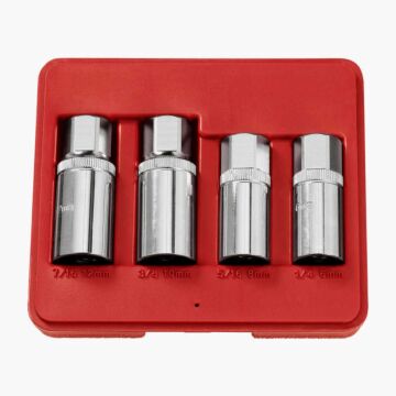 Penbouttrekker  4-delig - tapeind uitdraaier / Gemaakt van CrV-staal. Voor het verwijderen van beschadigde  roestige of kapotte tapeinden. Buitenkant 21 mm binnenzeskant. Afmetingen (� x lengte): 6 x 60 mm  8 x 60 mm  10 x 70 mm  12 x 70 mm.