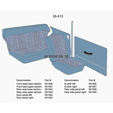 Bekleding PV544 deurpaneel Rechts blauw 1965 (55-513) zie 691564