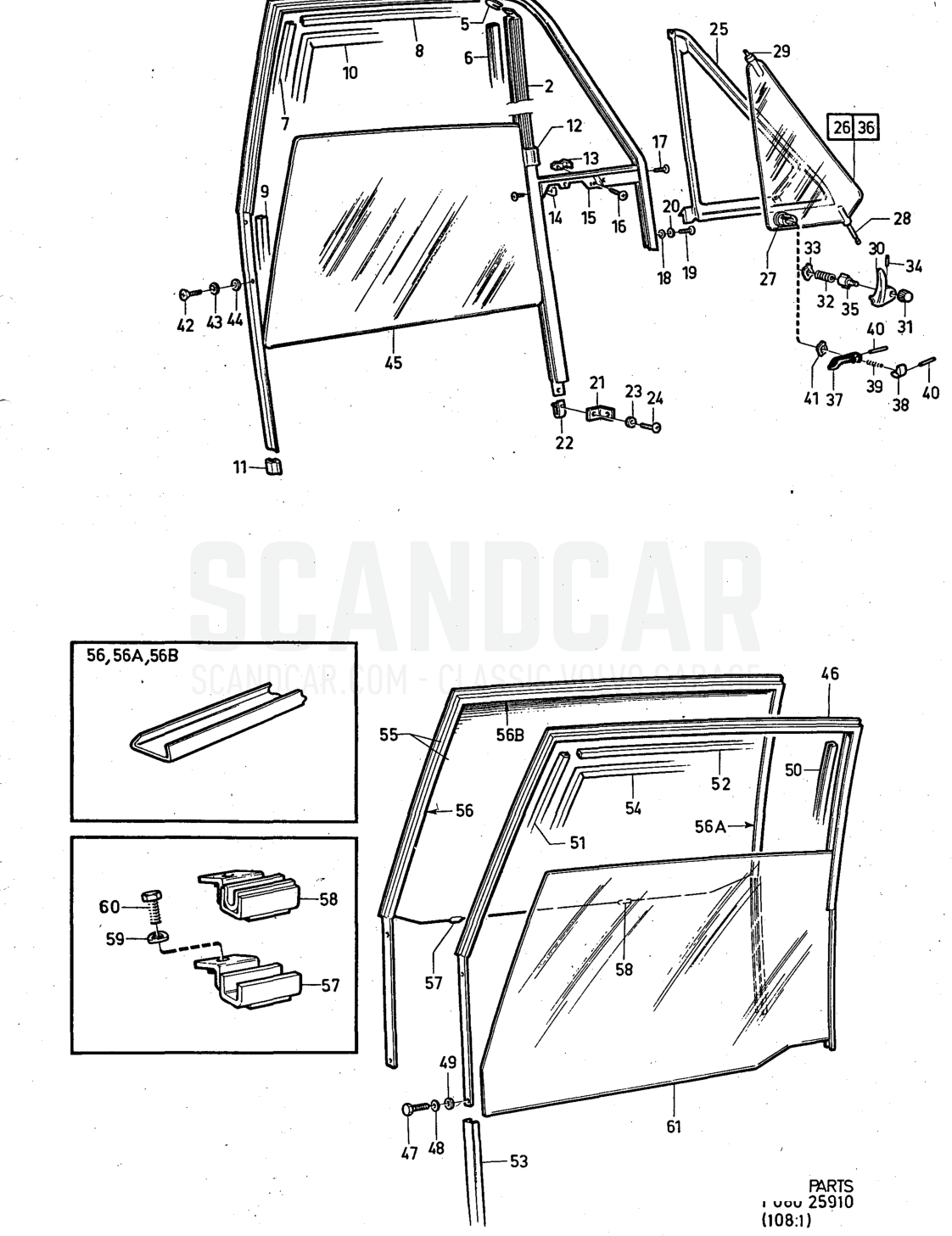 arch with components. Illustration glass. Sats Kit - sprängskiss, Övriga delar, Volvo 140-serien upp till 1972