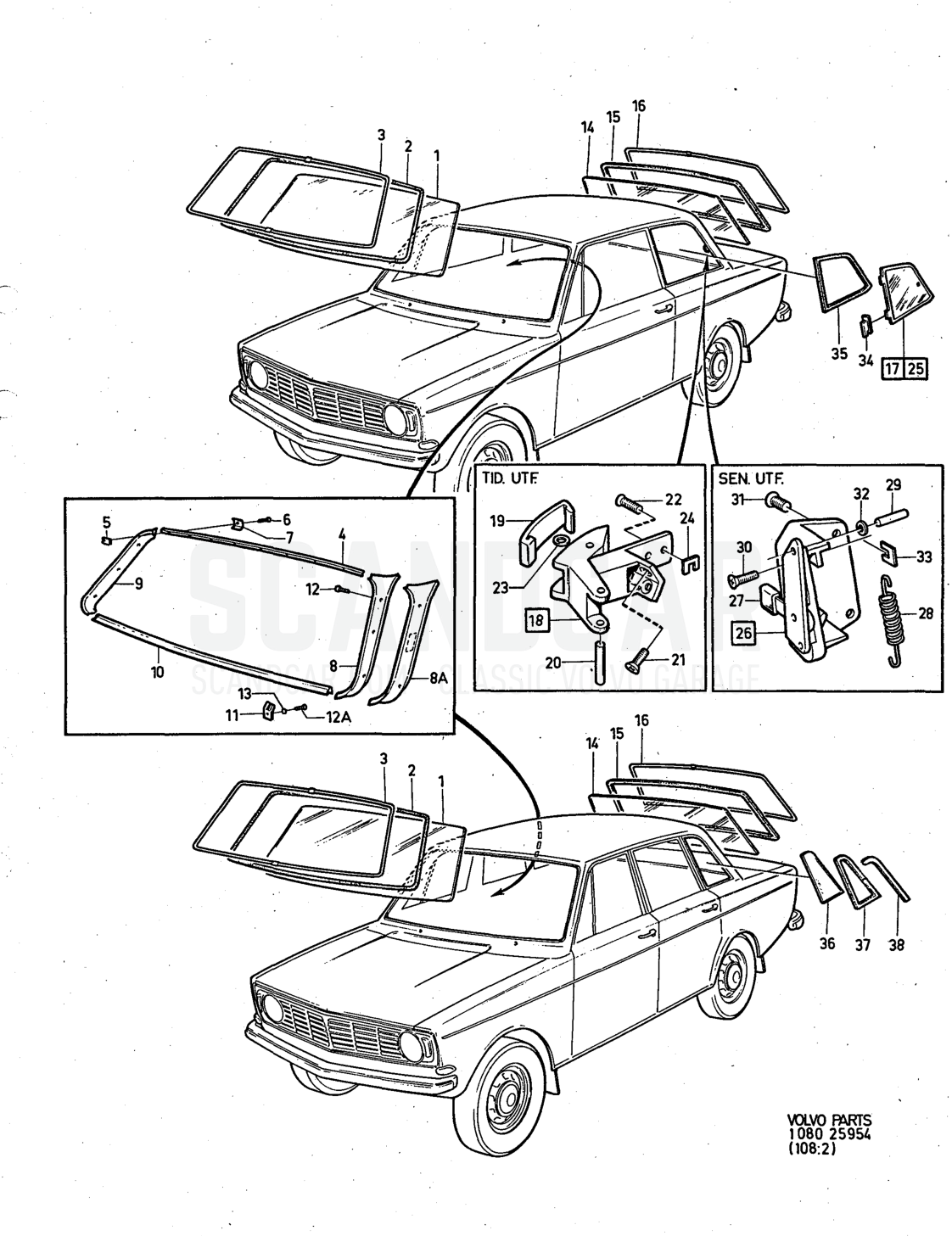 rear window, Illustration quarter windows Sats Kit - sprängskiss, Övriga delar, Volvo 140-serien upp till 1972