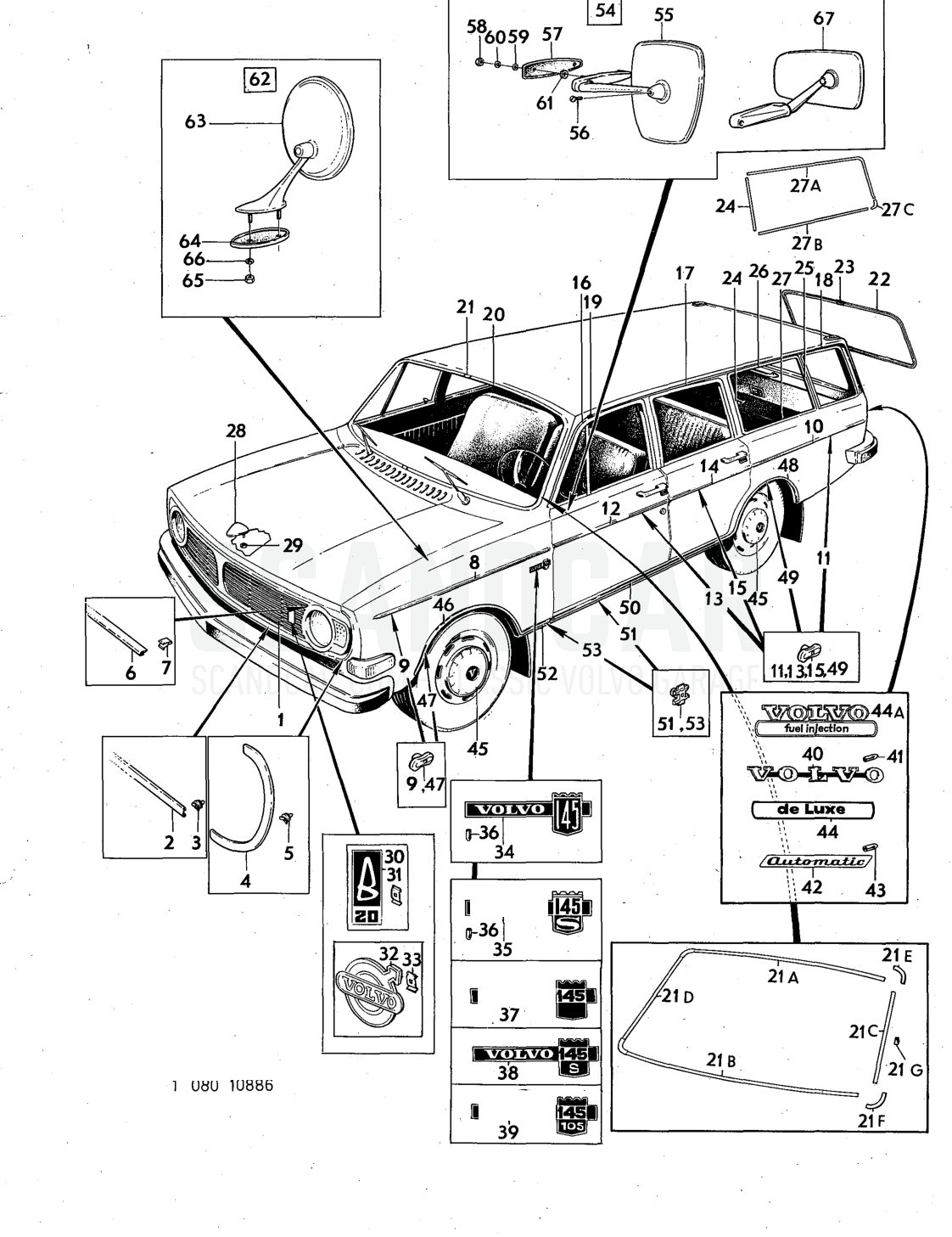trim Illustration rear view mirror Sats Kit - sprängskiss, Övriga delar, Volvo 140-serien upp till 1972
