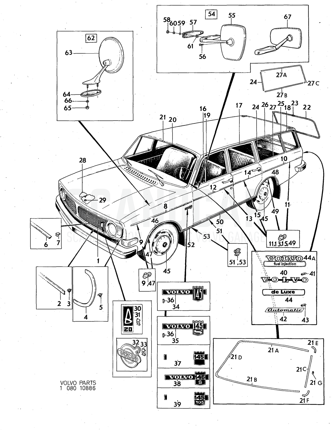 trim Illustration rear view mirror Sats Kit - sprängskiss, Övriga delar, Volvo 140-serien upp till 1972