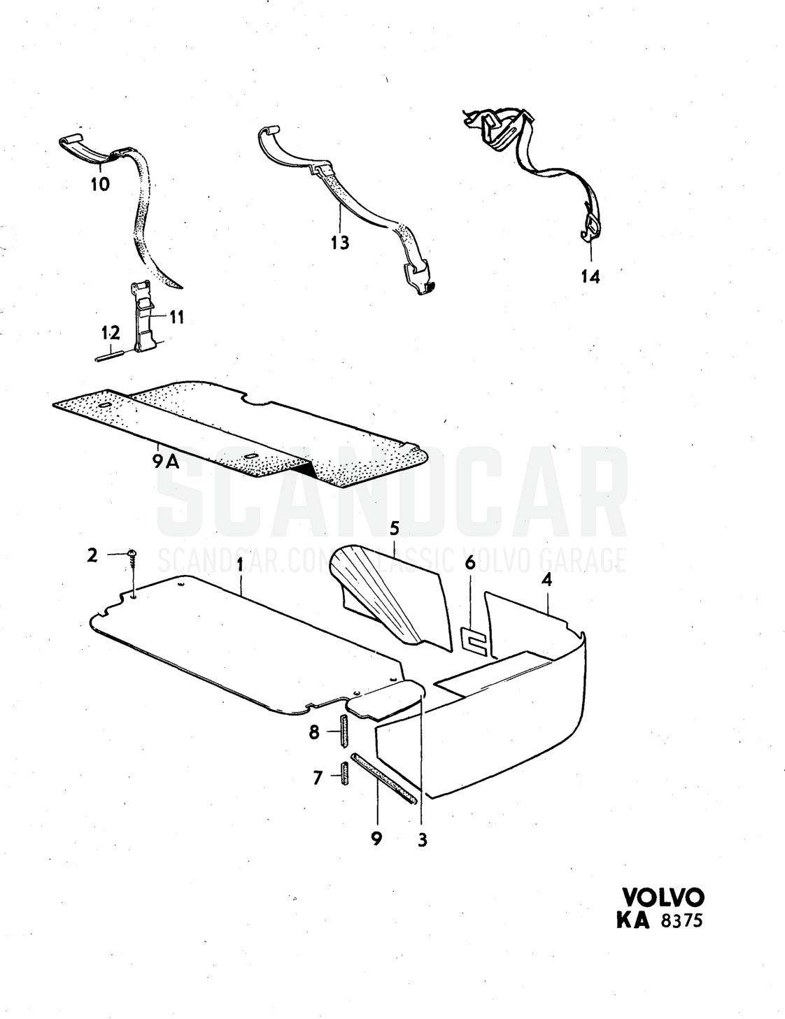 compartment upholstery Illustration Sats Kit - sprängskiss, Övriga delar, Volvo 140-serien upp till 1972