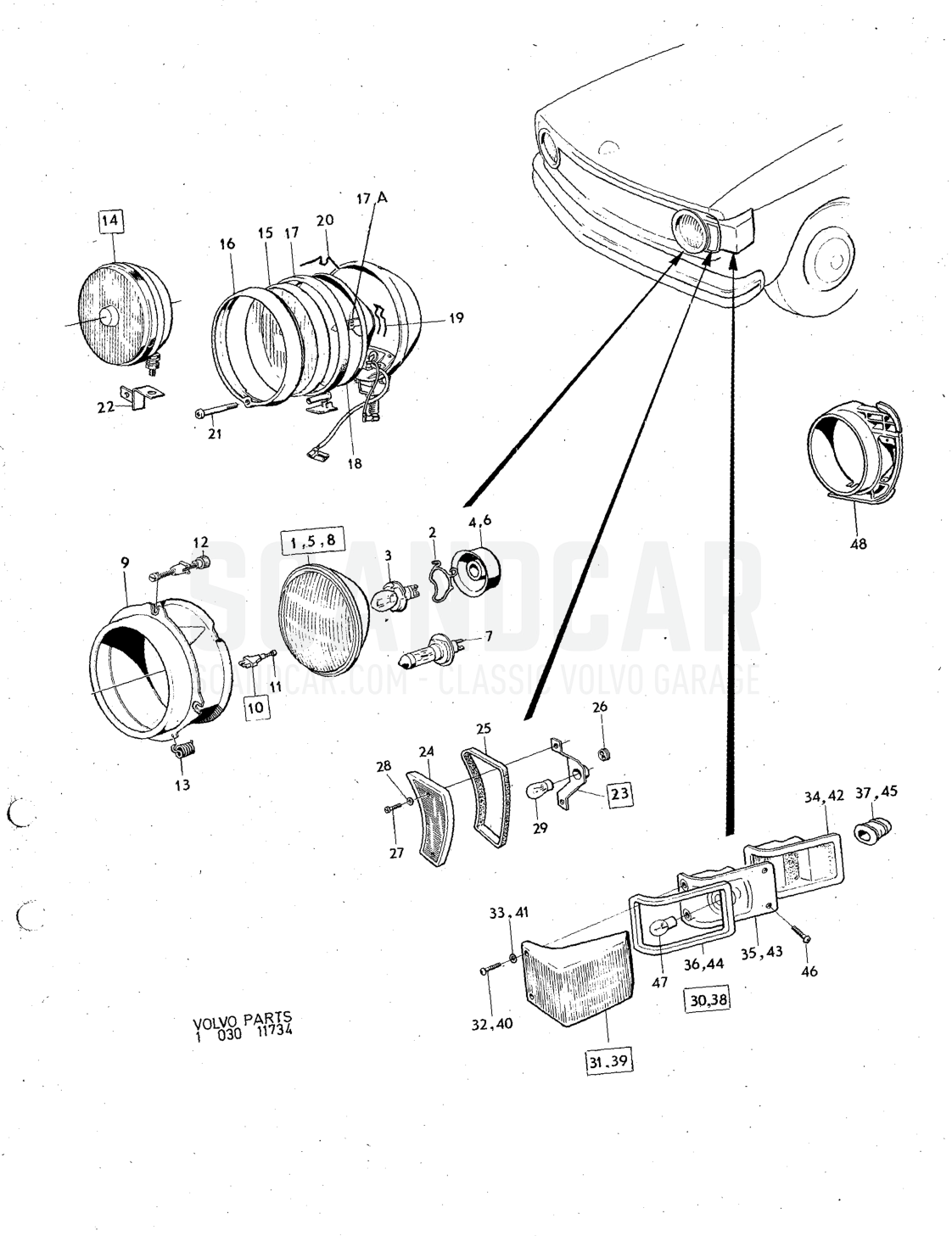 Lighting equipment - sprängskiss, Elutrustning, Volvo 140-serien från 1972