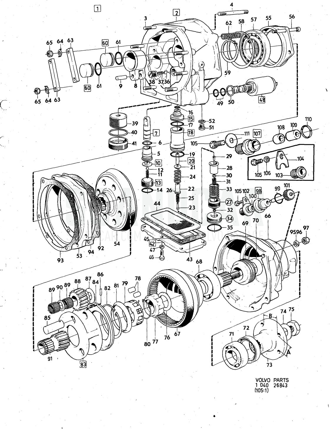 Gearbox Overdrive - sprängskiss, Kraftöverföring - Bakaxel, Volvo 140-serien från 1972