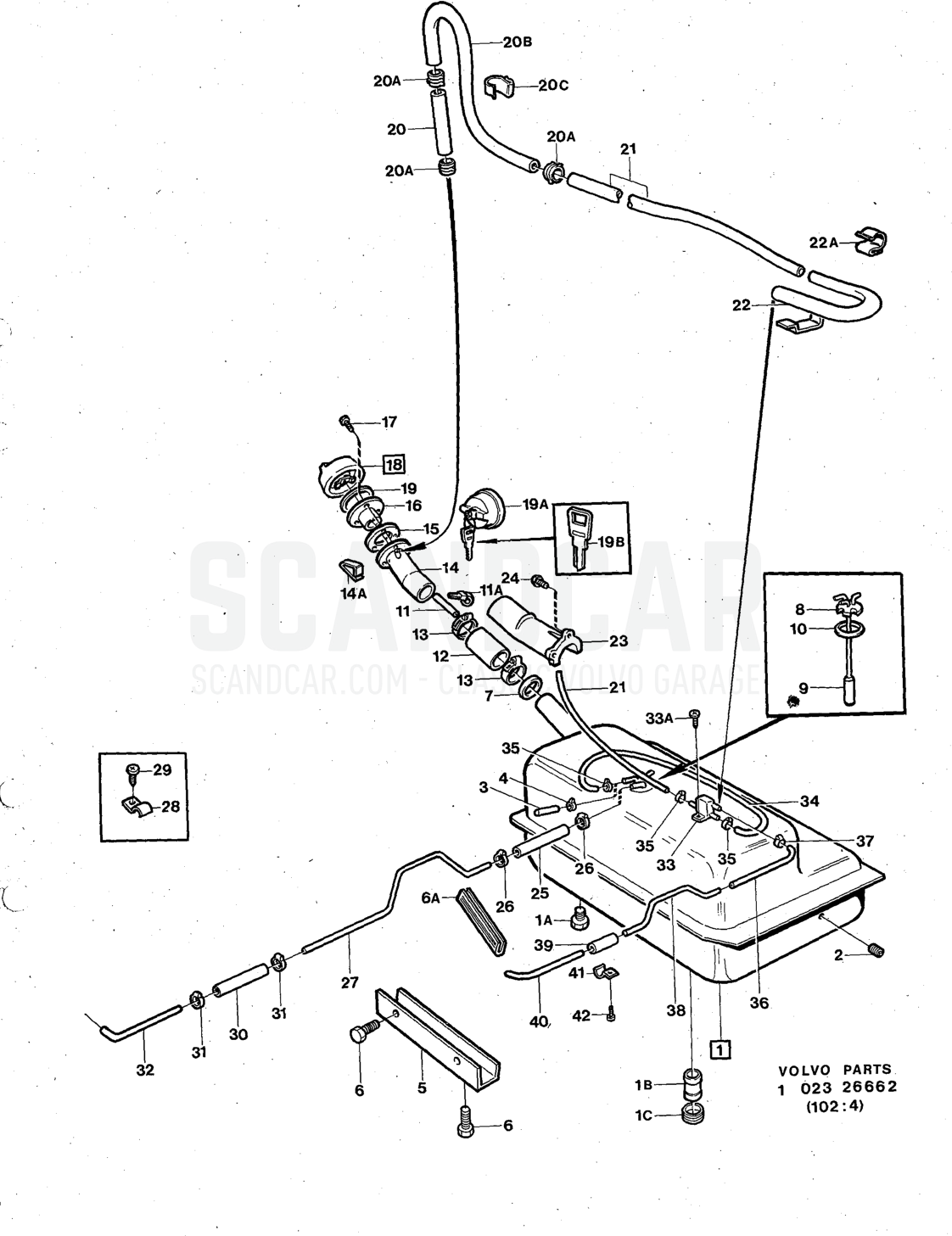 tank with installation components carburetter engine - sprängskiss, Bränsle- och avgassystem, Volvo 140-serien från 1972