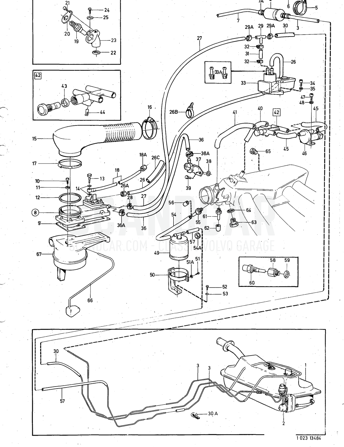 Fuel system injection engine - sprängskiss, Bränsle- och avgassystem, Volvo 140-serien från 1972