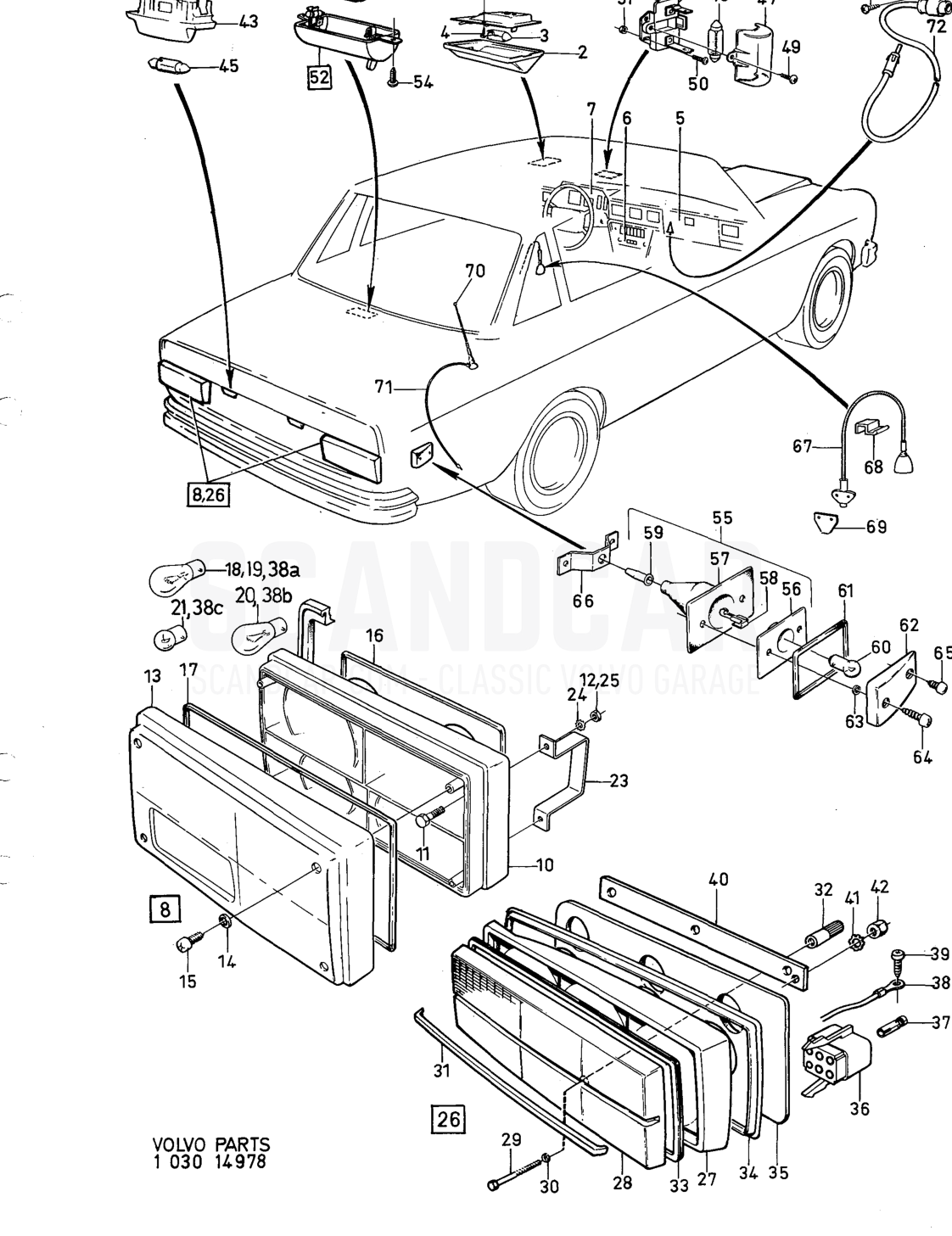 Lighting equipment interior and rear - sprängskiss, Elutrustning, Volvo 164-serien upp till 1975