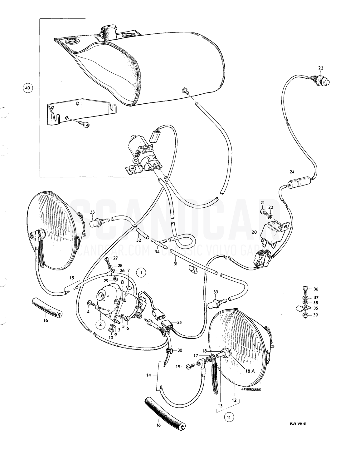 Headlightwiper, washer components early prod. - sprängskiss, Elutrustning, Volvo 164-serien upp till 1975