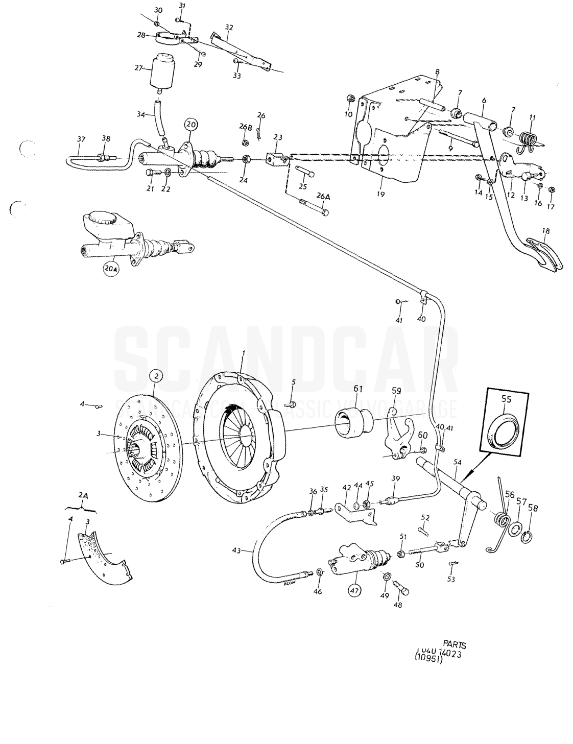 Clutch, clutch linkage RHD - sprängskiss, Kraftöverföring - Bakaxel, Volvo 164-serien upp till 1975