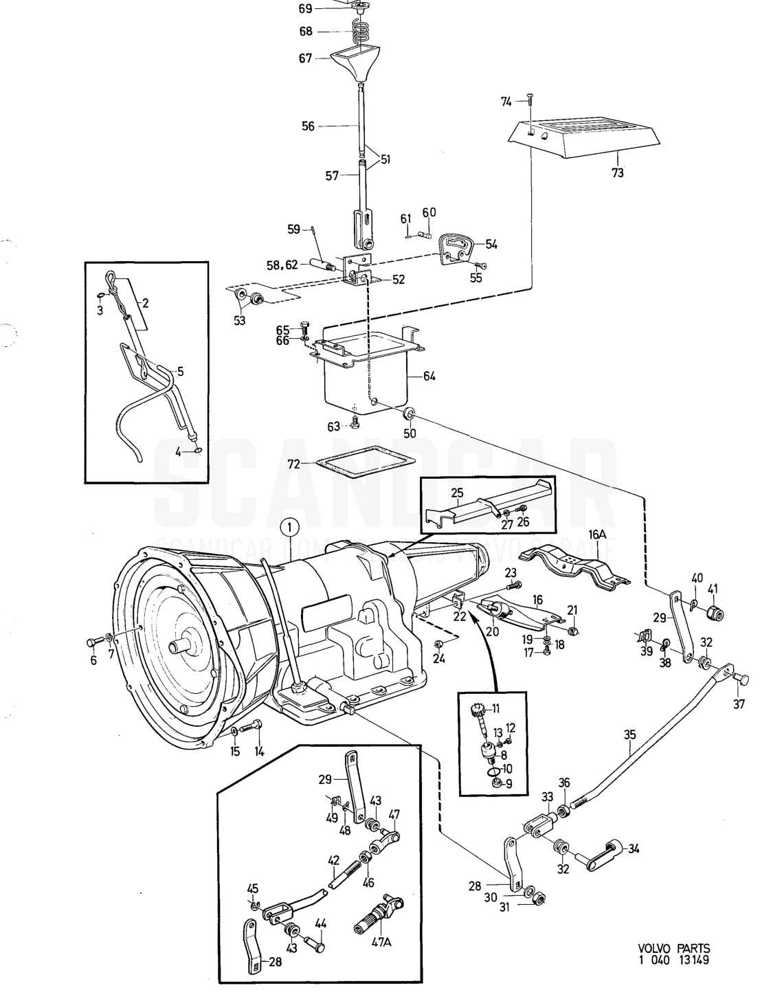 Gearbox Mountings, control - sprängskiss, Kraftöverföring - Bakaxel, Volvo 164-serien upp till 1975