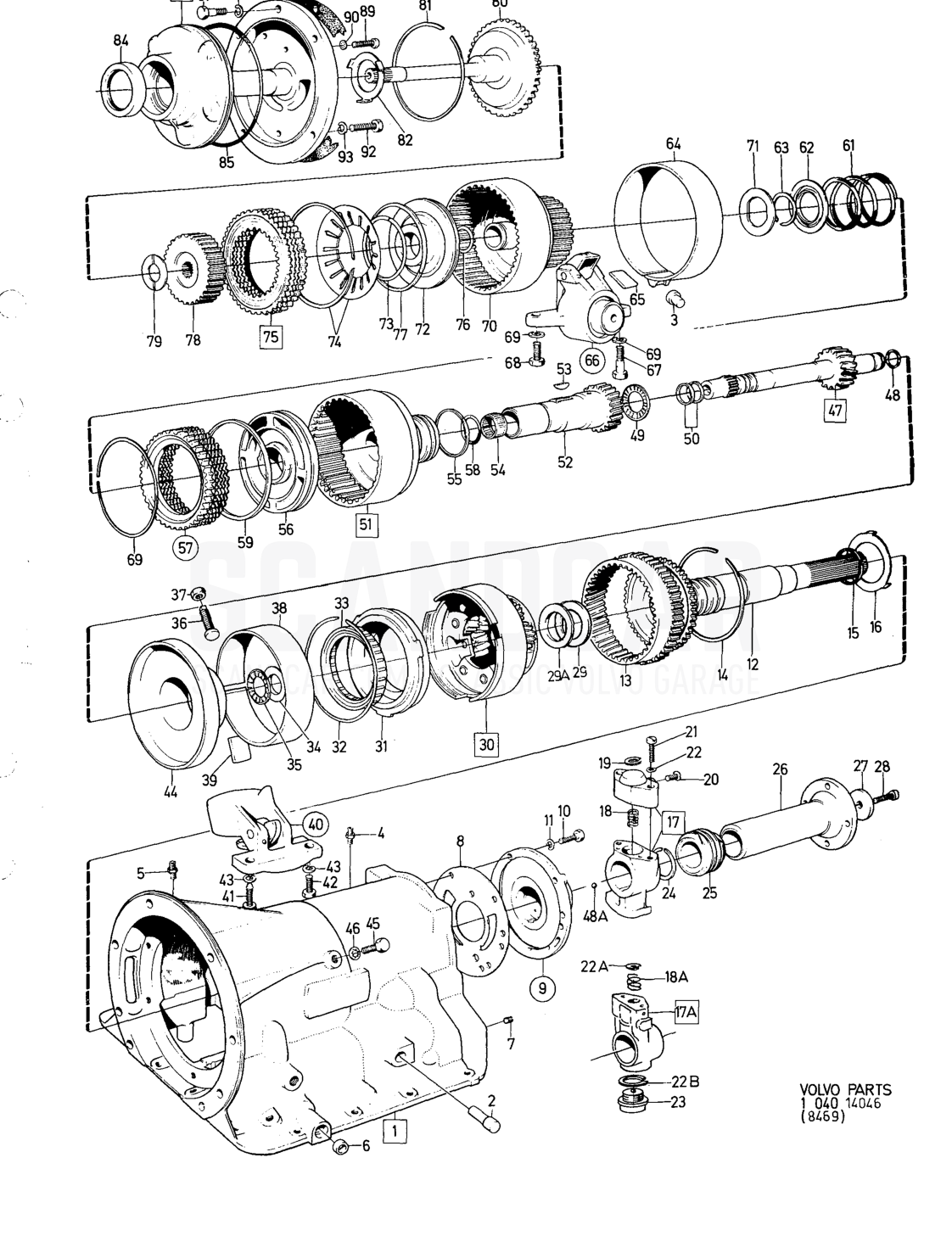 Gearbox Planet cover - sprängskiss, Kraftöverföring - Bakaxel, Volvo 164-serien upp till 1975
