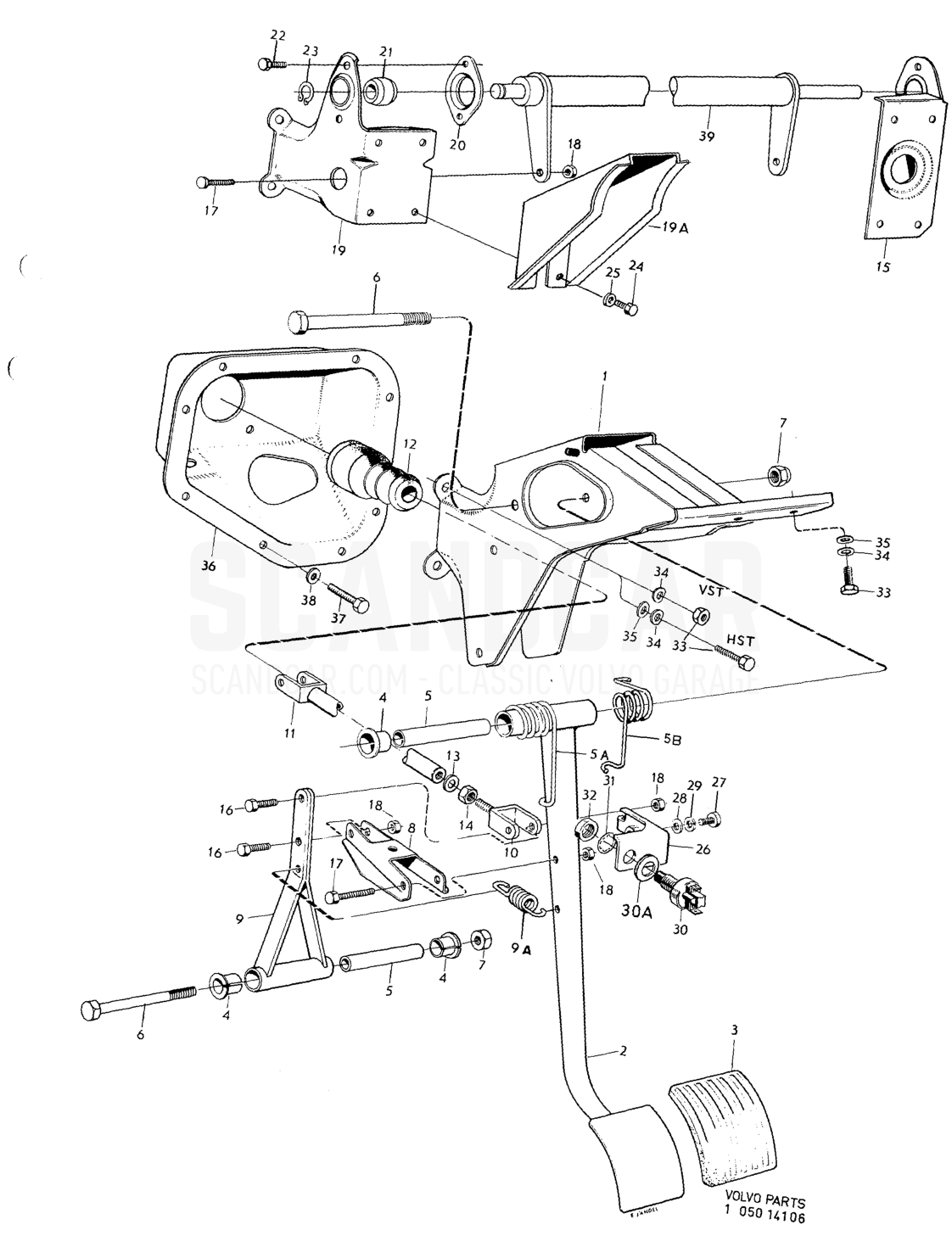 Brake pedal and installation components - sprängskiss, Bromsar, Volvo 164-serien upp till 1975