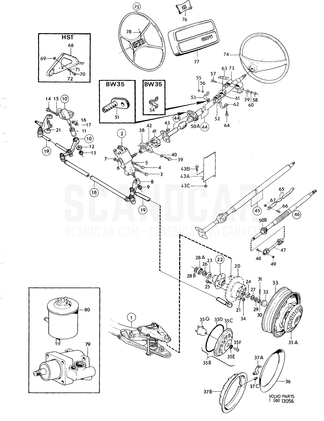 Front axle,steering hubs,wheels Sats - sprängskiss, Framaxel - Hjul - Styrning, Volvo 164-serien upp till 1975