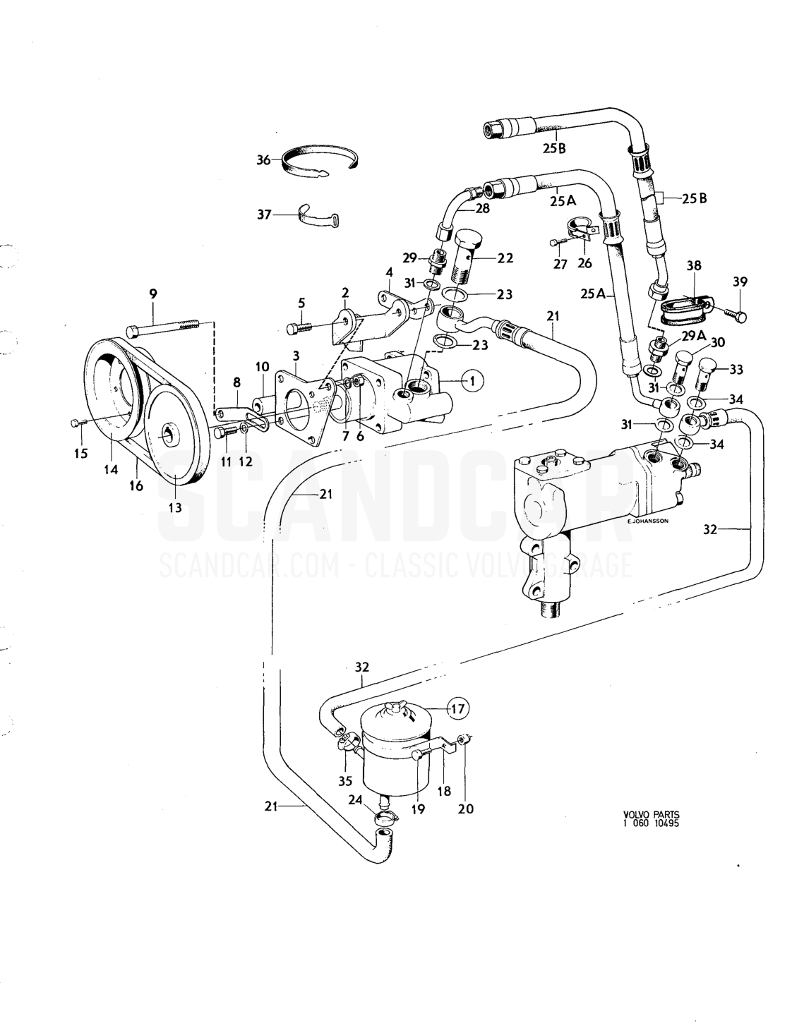 Hydraulic pump,oil reser voir, servo steering - sprängskiss, Framaxel - Hjul - Styrning, Volvo 164-serien upp till 1975