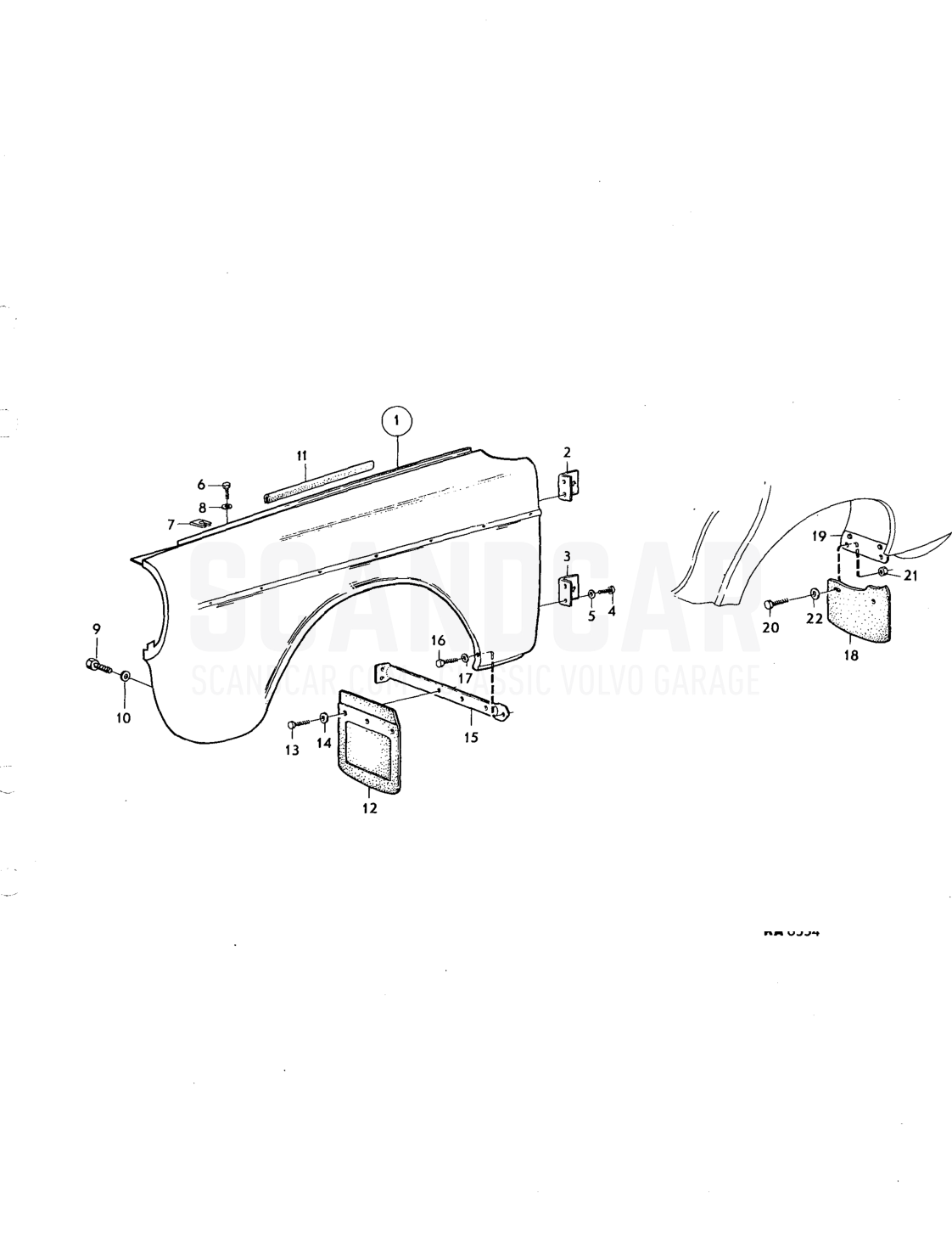 Front mudguards front and rear mudflaps - sprängskiss, Kaross, Volvo 164-serien upp till 1975