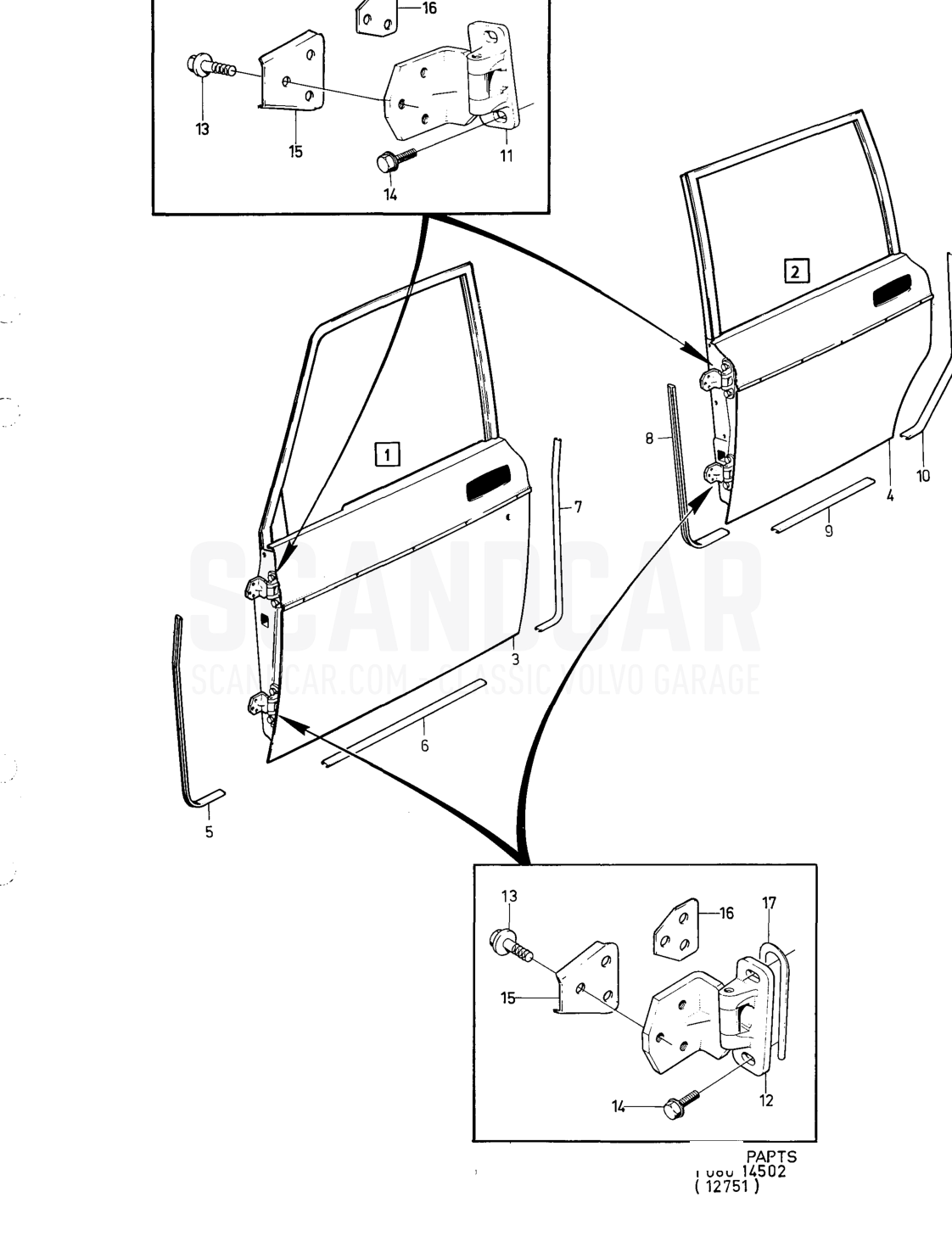 Door components, forward doors - sprängskiss, Kaross, Volvo 164-serien upp till 1975