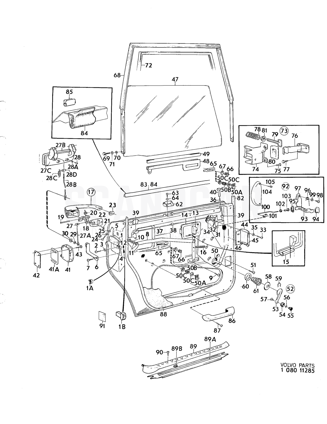 Door components, forward doors - sprängskiss, Övriga delar, Volvo 164-serien upp till 1975