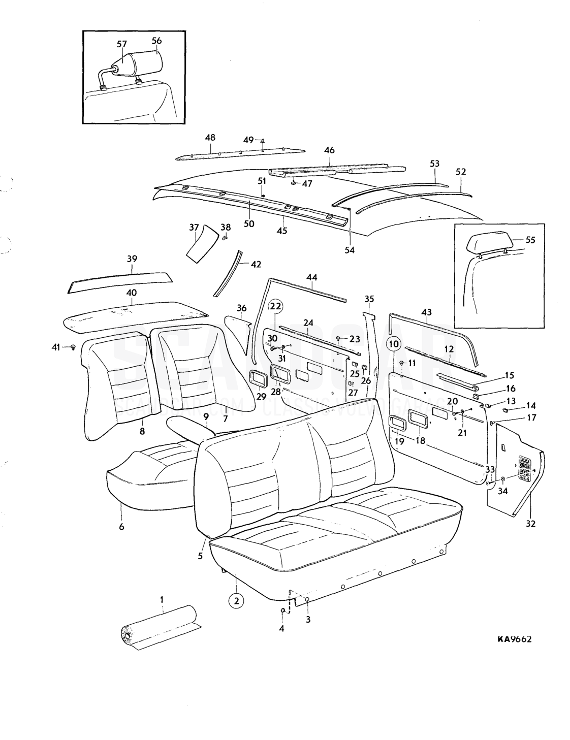 Upholstery upholstery combination - sprängskiss, Kaross, Volvo 164-serien upp till 1975