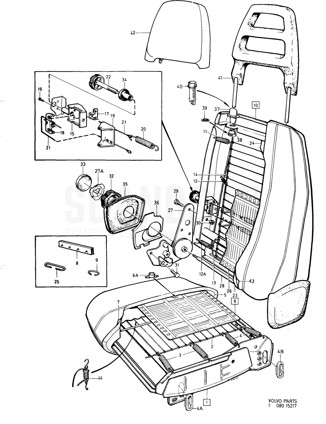 Front seats, - sprängskiss, Kaross, Volvo 164-serien upp till 1975