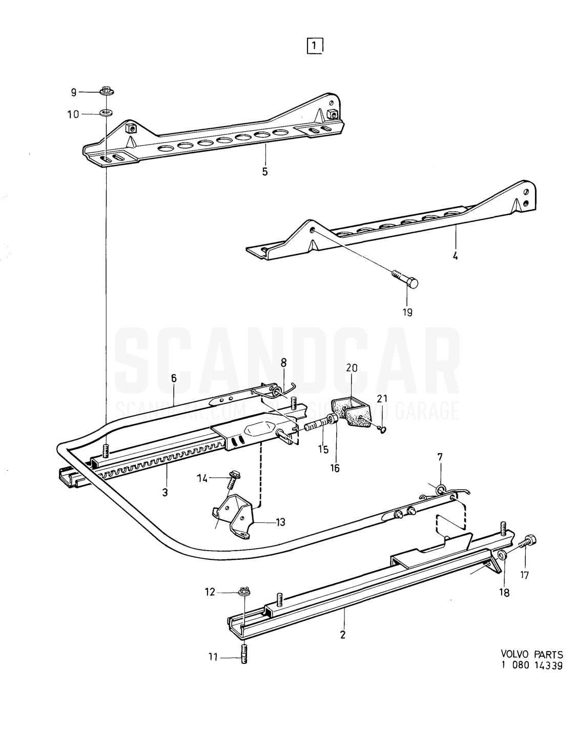 Undercarriage for front seats without vertical adjustement - sprängskiss, Kaross, Volvo 164-serien upp till 1975