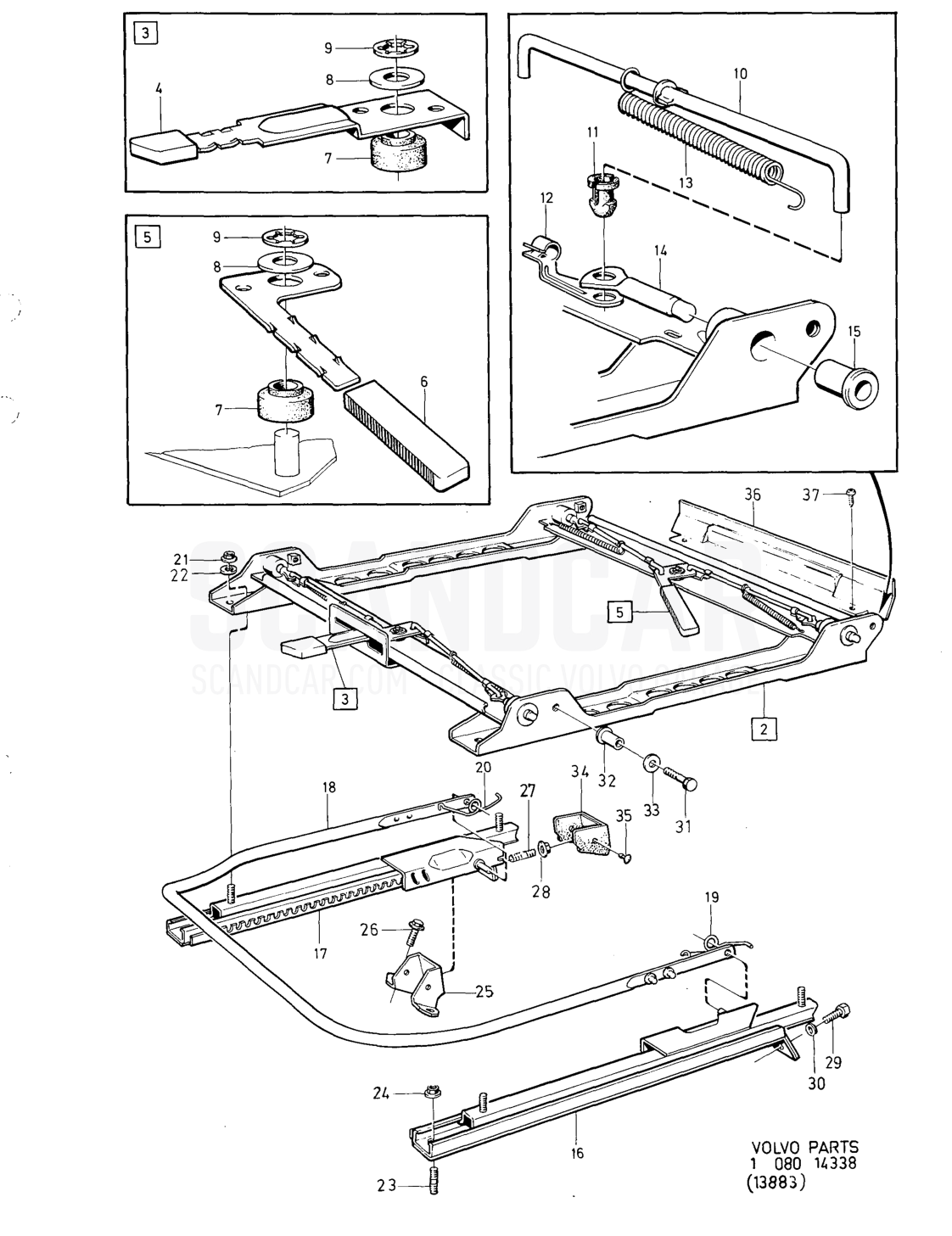 Undercarriage for front seat with vertical seat adjuster - sprängskiss, Kaross, Volvo 164-serien upp till 1975
