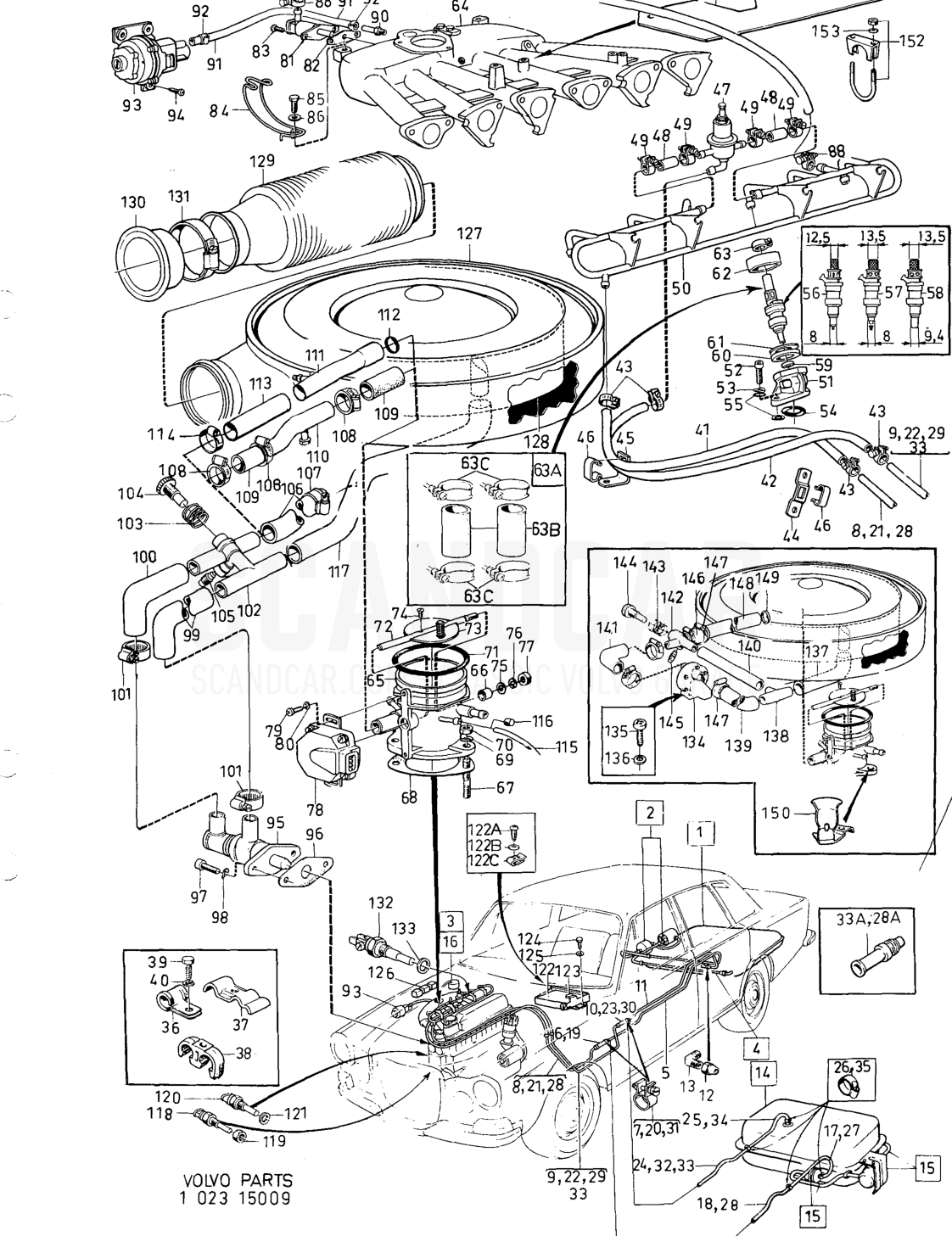 Fuelsystem fuel injection engine - sprängskiss, Bränsle- och avgassystem, Volvo 164-serien upp till 1975