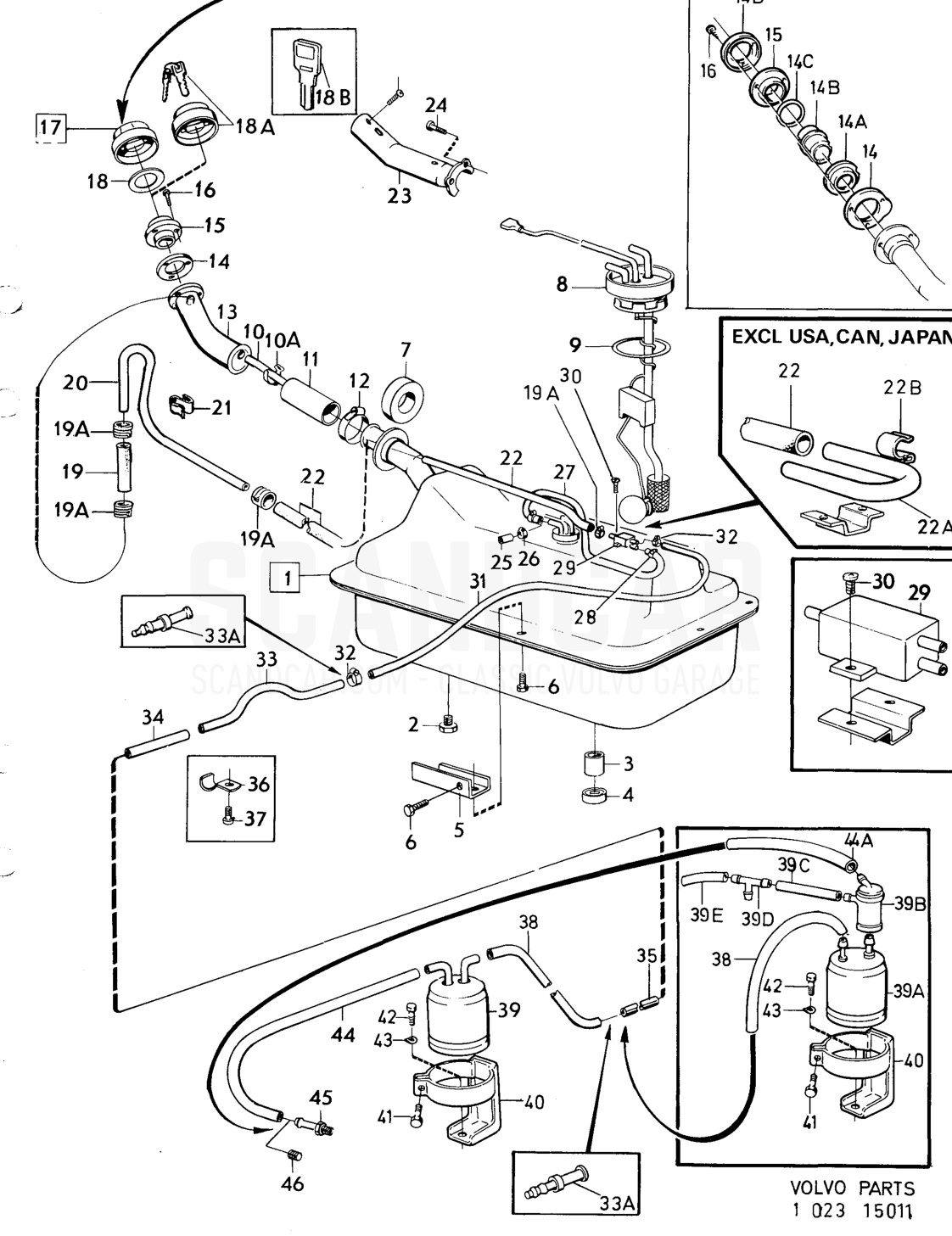 Fuel tank and gas evaporite control system - sprängskiss, Bränsle- och avgassystem, Volvo 164-serien upp till 1975
